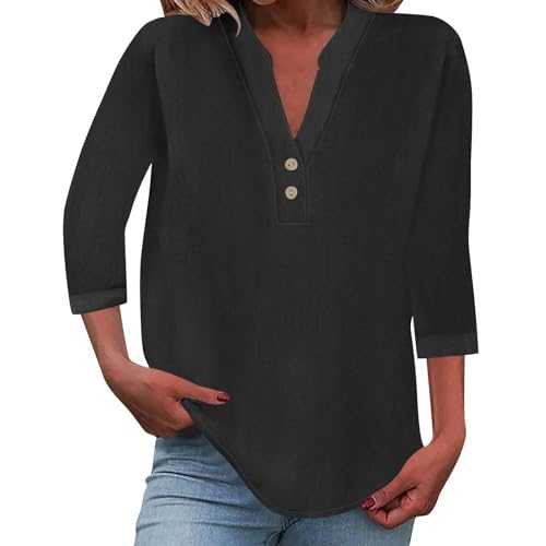 Tops for Women UK Casual V Neck 3/4 Sleeve T-Shirt Comfy Trendy Button Tunic Shirts Dressy Loose Fit Fashion Blouse 2024 Ladies Summer Elegant Going Out T Shirt