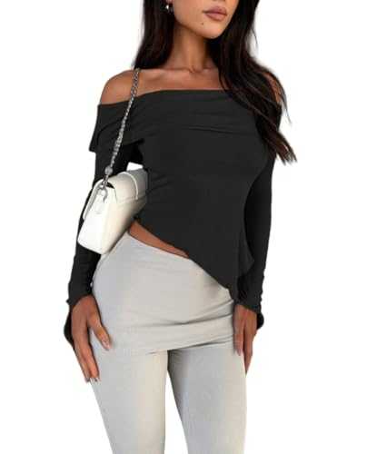 Womens Long Sleeve Y2K Top Shirt Trendy Off Shoulder Asymmetrical Fitted Knit Tee Shirts Going Out Tops