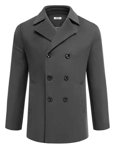 COOFANDY Men's Double Breasted Pea Coat Winter Overcoat Short Trench Coat Notched Collar