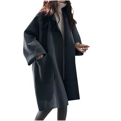 Wool Coats For Women With Pockets Woman's Winter Jacket Open Front Coats Mid Length Trench Coats Notched Womens Jacket Solid Color Warm Winter Coats Lapel Neck Overcoat Fall Outfits