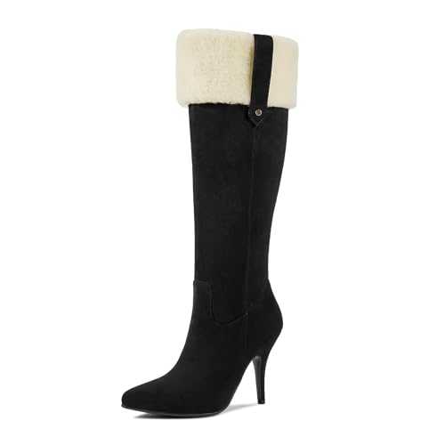 wetkiss Knee High Boots Women Pointed Toe Tall Boots Stiletto High Heels Faux Suede Fully Fur Lined Warm Winter Boots Comfort Snow Long Boots with Side Zipper