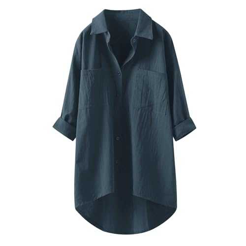 Womens Long Sleeve Shirt Button Down Summer Casual Tops Linen Plus Size V Neck Blouse Solid Color Loose Fit T-Shirts Ladies Office Work Tunic Tops