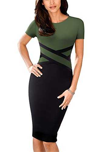 HOMEYEE Women's Vintage Round Neck 3/4 Sleeve Striped Bodycon Pencil Business Casual Dress B463 (UK 8 = Size S, Army Green-S)
