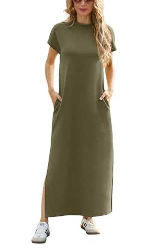 GRECERELLE Womens Maxi Dress Wrinkle Free Summer Mock Neck Short Sleeve 2025 Casual Elegant Loose Split Long Dresses with Pockets