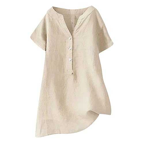 Summer Tops for Women UK Cotton Linen Half Button Henley Shirt V Neck Longline Plain T Shirt Short Sleeve Shirts Loose Womens Blouses Plus Size Soft Tee Undershirt Casual Tunic Shirt