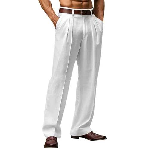 Mens Cotton Linen Pants Classic Fit Pleat Front Straight Leg Fit Trousers Summer Yoga Beach Long Pants Lightweight Breathable Casual Work Slacks