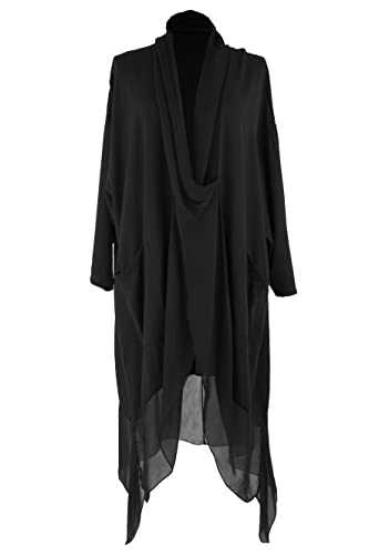 TEXTURE Ladies Women Italian Lagenlook Batwing Long Sleeve 2 Pocket Crossover Silk Panel Asymmetric Kaftan Tunic One Size