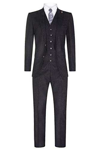 Mens Black 3 Piece, 2 Button Herringbone Tweed Wool Mix Suit Peaky Slim Fit Jacket with Waistcoat