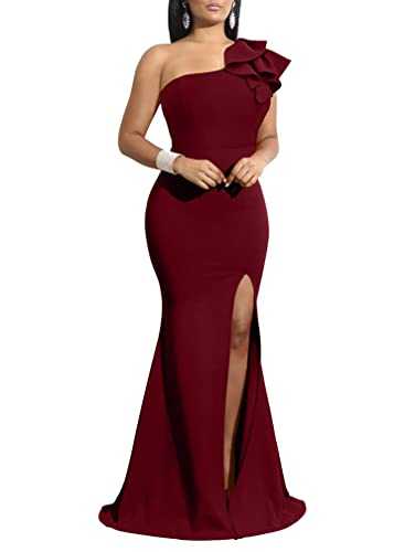 YMDUCH Women's Sexy Sleeveless One Shoulder Ruffle High Split Party Evening Long Formal Dress