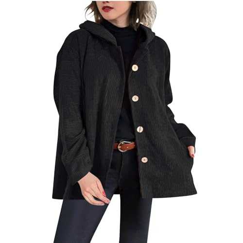 KUIH Womens Corduroy Casual Jacket with Hood Long Sleeve Button Down Casual Shirts Autumn Winter Jacket Lightweight Outerwear with Pockets Loose Cardigan Jacket Sweatshirt Casual Top Fashion Clothes