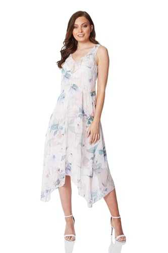 Roman Originals Women Floral Chiffon Frill Dress - Ladies Evening Formal Wedding Guest Special Occasion Summer Party Light Floaty Sleeveless Asymmetric Midi Dress