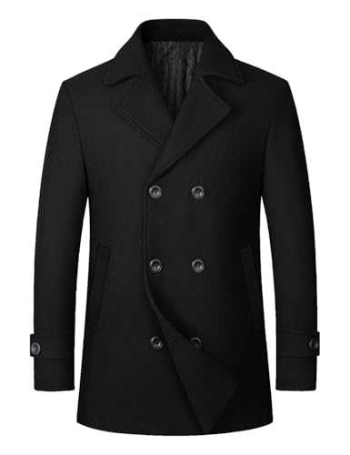 Sukany Men's Casual Wool Blend Coat Jacket Warm Classic Double Breasted Notched Collar Pea Coat Black L