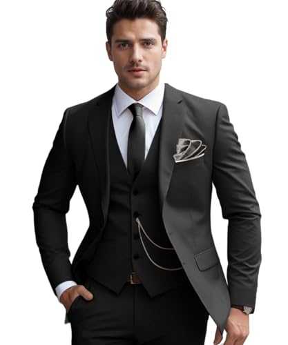 Stritra Men's Slim Fit Suit Set 3 Piece Suits for Men Regular Fit Solid Blazer for Business Wedding Prom with a Tie