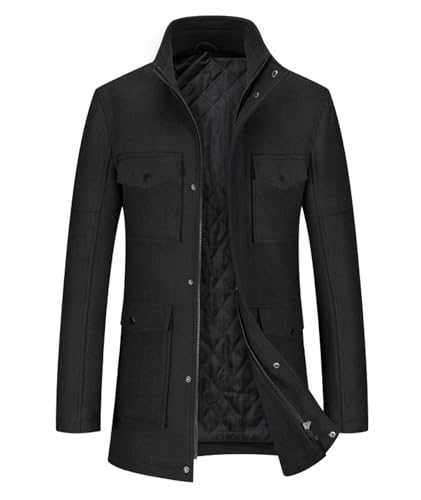 SOMTHRON Men's Wool Blend Trench Coat Stand Collar Zip Up Mid Long Winter Quilted Lined Peacoat Overcoat with Pockets