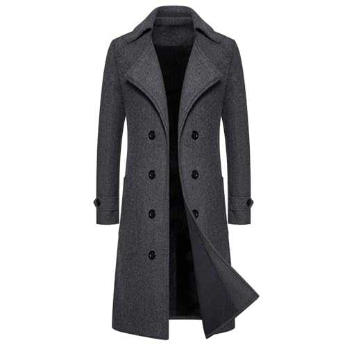 VSunUao Pea Coats for Men Wool Coat Long Trench Jackets Warm Winter Peacoat Notched Collar Double Breasted Business Jackets/UK Size/Warm Coats/Winter Clearance