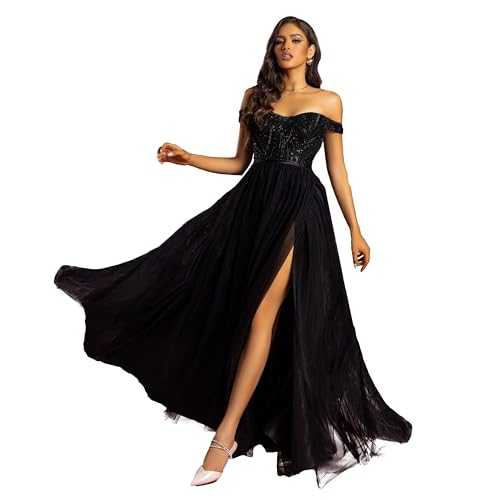 VIPGIRL Women's Formal Off Shoulder Sequin Mesh Floor-Length Prom Dress, Elegant Lace-up High Split Wedding Gown
