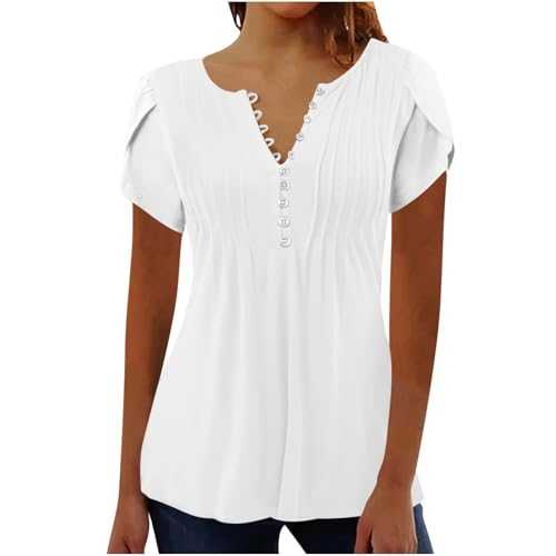 Tunic Tops for Women UK Sale Clearance, Summer Top Short Sleeve Shirts Buttons Retro Print Blouses V Neck Henley Shirt Loose Fit Pleated Tunic Pullovers Ladies Casual Going Out Tees Plus Size S-XXL