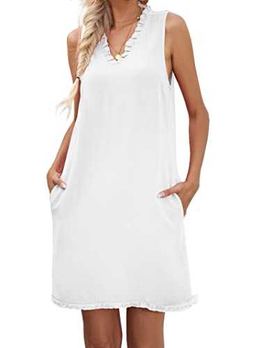 Famulily Womens 2023 Summer Dresses Causal Sleeveless V Neck Mini Short Linen Dress with Pockets S-XXL