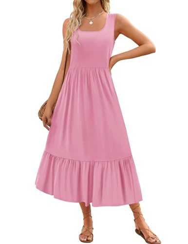 ZESICA Women's 2024 Summer Sleeveless Dress Square Neck Pleated Tiered Swing Casual Maxi Dresses with Pockets