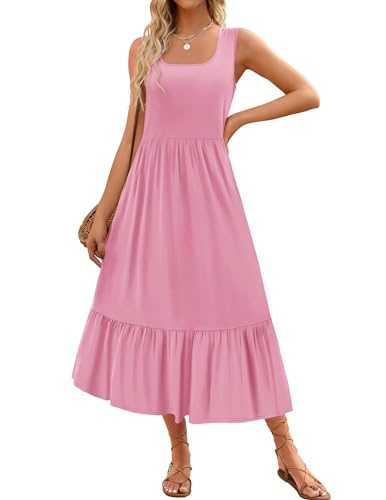 ZESICA Women's 2024 Summer Sleeveless Dress Square Neck Pleated Tiered Swing Casual Maxi Dresses with Pockets