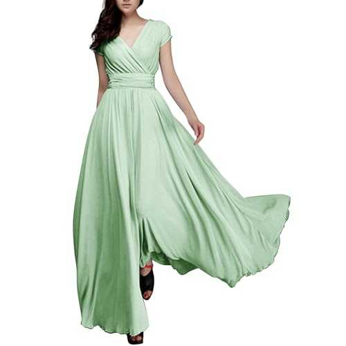 Wedding Guest Dresses for Women UK Chiffon V-Neck Short Sleeve Prom Dress Plus Size Dresses for Curvy Women Maxi Floor Length Bridesmaid High Waisted Evening Gown Wedding Guest Gifts