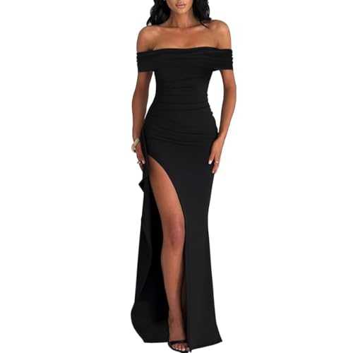 AOWVUTS Women Evening Party Dress High Slit Prom Dress Sexy Split Off Shoulder Dinner Gowns Dresses Ladies Solid Elegant Maxi Dresses Wrap Dress for Cocktail Club Wedding Formal Gowns