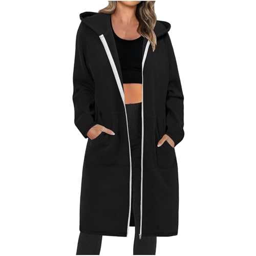 RLEHJN Hoodies for Women UK Oversized Ladies Jumpers Plain Zip Up Fleece Lined Jacket Long Hooded Sweater with Pockets Long Sleeve Tops Solid Color Casual Longline Sweatshirts Loose Coat