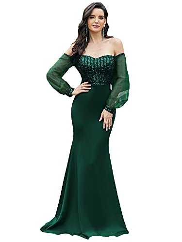 Ever-Pretty Women's Off The Shoulder with Long Sleeve Elegant Mermaid Fishtail Prom Evening Dresses with Sequin Dark Green 10UK