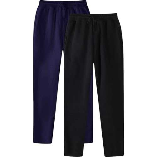 Pack of 2 Mens Jogging Bottoms with Pockets Open Hem Tracksuits Trousers Baggy Gym Sports Jogger for Men Straight Leg Activewear Stretchy Drawstring Waist Trousers Jogging Sweatpants