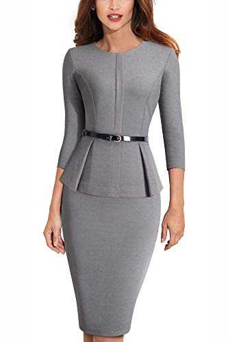 HOMEYEE Women's Elegant Round Neck Peplum Belt Business Dress B473