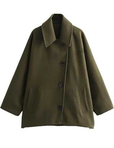 Women's Fall Single Breasted Pea Coat Long Sleeve Turndown Collar Wool Cape Blend Coat with Pockets