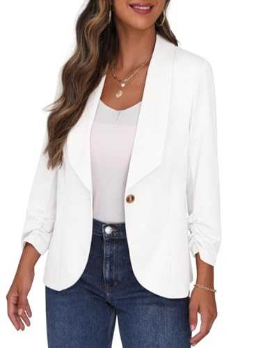 PrinStory Blazer for Women Lapel Collar 3/4 Ruched Sleeves Suit Jacket One Button Cardigan Cropped Blazer Office Casual Wear