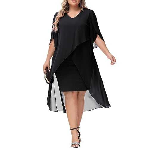 Hanna Nikole Women's Plus Size Chiffon Cocktail Dress V-Neck Cape Evening Dress with Overlay