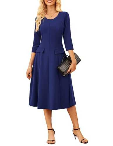 GRACE KARIN Dresses for Women Work Formal Business Dress Elegant Round Neck 3/4 Sleeve A-Line Wedding Guest Dress