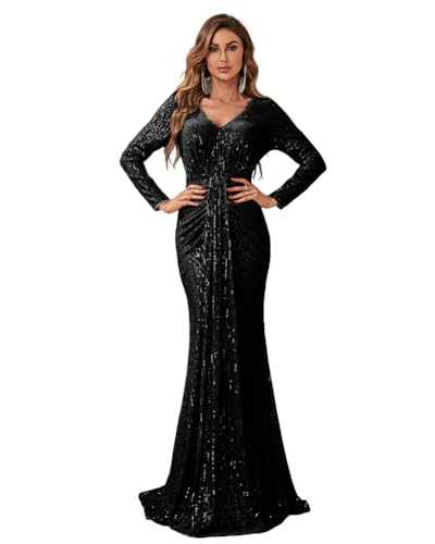 Women's Long Sleeve Retro Party Sequin Prom Dresses Elegant Mermaid Formal Evening Gowns