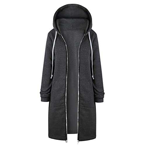Hoodies Jacket for Women UK Casual Drawstring Long Sleeve Knee Length Coat With Pocket Autumn Winter Plus Size Zipper Outdoor Jackets Lightweight Solid Color Long Cardigan Jacket Coats