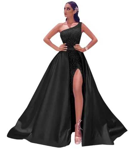 QQcute One Shoulder Prom Dresses for Women 2023 with Slit Sparkly Sequin Satin Mermaid Long Formal Ball Gowns