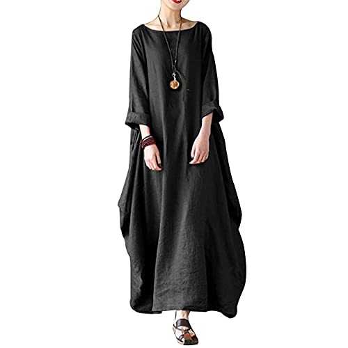Cotton Line Long Sleeve Dresses for Women UK Round Neck Maxi Dress Ankle Length Solid Colour Baggy Beach Dress Sundress Cover Ups Loose Casual Elegant Dresses Summer Dress Extra Long