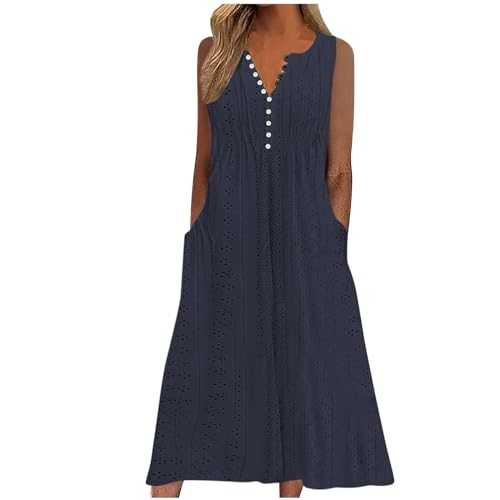 RLEHJN Midi Dresses for Women UK Elegant Sale Clearance A Line Casual Dresses Plain Long Pleated Swing Dresses Button V Neck Short Sleeve Summer Dresses with Pockets Beach Holiday Sundresses