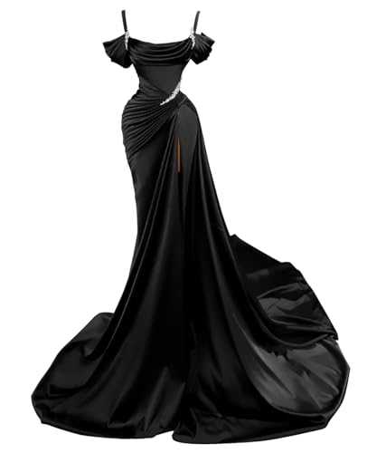Spaghetti Straps Mermaid Slit Prom Dresses 2024 Beaded Long Satin Formal Evening Gowns for Women