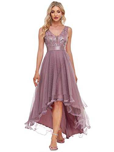 Ever-Pretty Women's Deep V Neck High-Low Tulle Ball Gowns with Sequin Appliques Evening Prom Dresses 00793