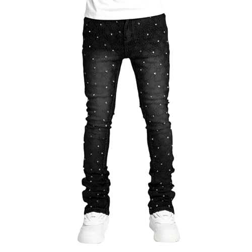 Jeans for Men Stretch Fit Skinny Stacked Rhinestone Jeans Slim Fit Printed Y2K Denim Pants Trousers Streetwear