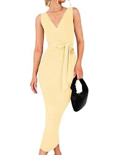 ZESICA Women's 2023 Summer Knitted Bodycon Midi Dress Elegant Wrap V Neck Sleeveless Tie Waist Sweater Dresses