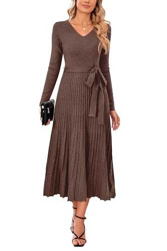 Arach&Cloz Jumper Dress for Women UK Long Sleeve Midi Knitted Pleated Dresses Fall Winter V Neck A Line Elegant Sweater Dress