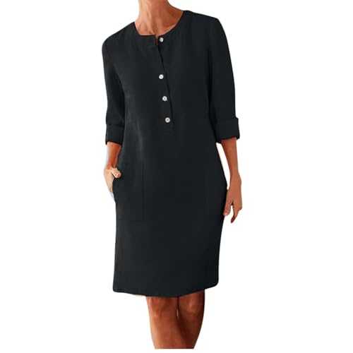 HUYTERTDR Summer Dresses for Women UK Plus Size Casual Cotton Linen Dress Button Down Long Sleeve Crew Neck Midi Dresses Work Dress with Pockets