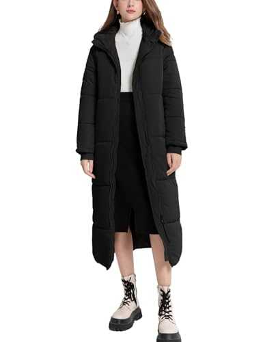 Sukany Women's Winter Hooded Long Quilted Coat Maxi Length Puffer Jacket Warm Zip Up Long Sleeve Padded Coat Thick Outerwear