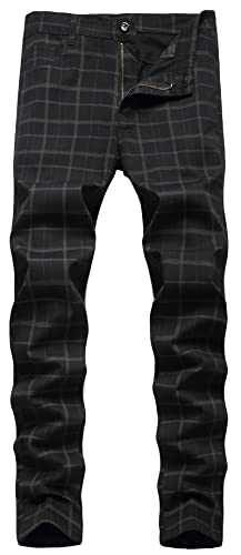 FEOYA Men's Straight Leg Plaid Dress Chino Trousers/Casual Slim Fit High Elastic Pants, Cotton, Mid Waist, Classic, High End, All Seasons, Size 28-42