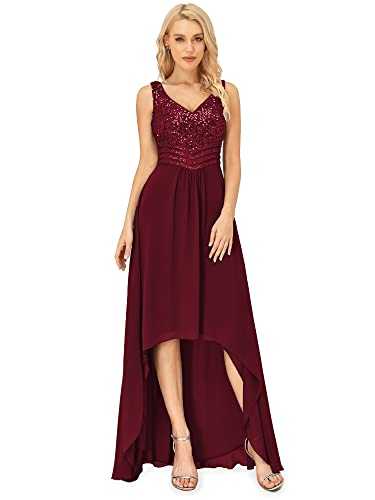 Ever-Pretty Women's Hi-Low Elegant Empire Waist V Neck Sleeveless Chiffon and Sequin Fromal Evening Dresses Burgundy 18UK