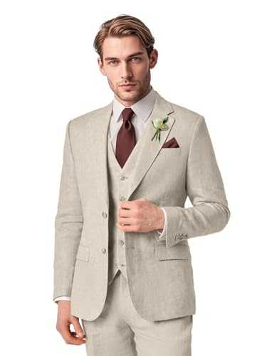 Lanshion Men's Linen Suit 3 Piece Summer Slim Fit Blazer Set for Beach Weddings Parties Casual Business Jacket Vest Pants