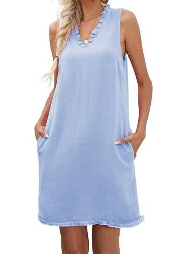 Famulily Women Cute Sleeveless Ruffled Deep V Neck Dresses Cotton Linen Dress for Summer Casual Shift Dress with Pockets